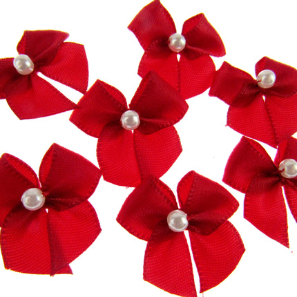 Mini Satin Ribbon Bows with Single Pearl - Choose From 20+ Colours - 22mm x 26mm - ThreadandTrimmings