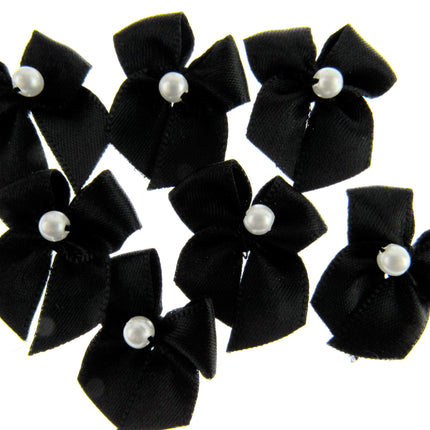 Mini Satin Ribbon Bows with Single Pearl - Choose From 20+ Colours - 22mm x 26mm - ThreadandTrimmings