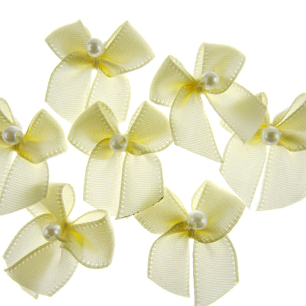 Mini Satin Ribbon Bows with Single Pearl - Choose From 20+ Colours - 22mm x 26mm - ThreadandTrimmings