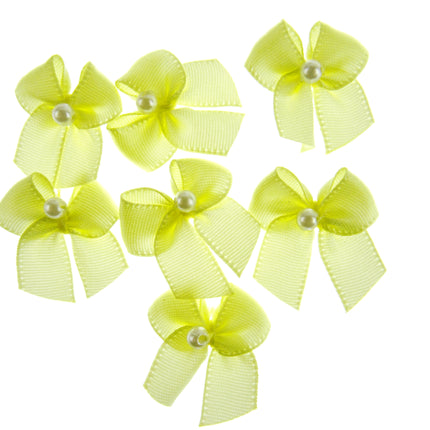 Mini Satin Ribbon Bows with Single Pearl - Choose From 20+ Colours - 22mm x 26mm - ThreadandTrimmings