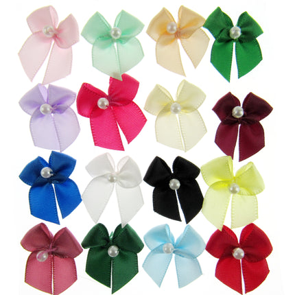 Mini Satin Ribbon Bows with Single Pearl - Choose From 20+ Colours - 22mm x 26mm - ThreadandTrimmings