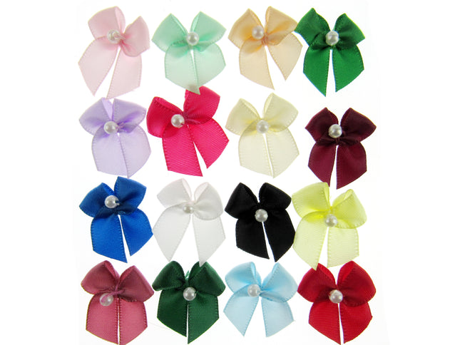 Mini Satin Ribbon Bows with Single Pearl 22mm 20 Colours - ThreadandTrimmings


