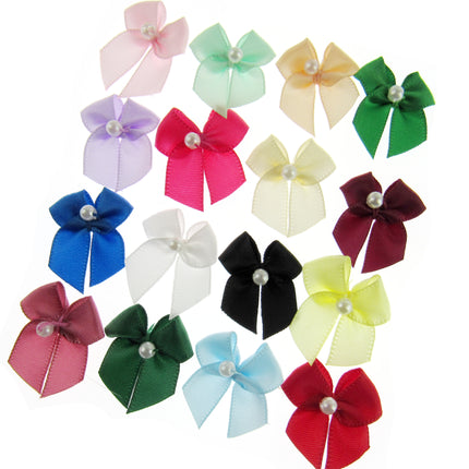 Mini Satin Ribbon Bows with Single Pearl - Choose From 20+ Colours - 22mm x 26mm - ThreadandTrimmings