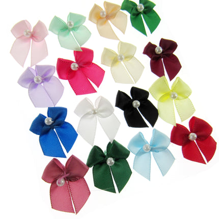 Mini Satin Ribbon Bows with Single Pearl - Choose From 20+ Colours - 22mm x 26mm - ThreadandTrimmings
