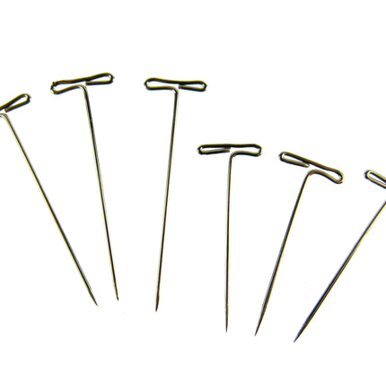 A set of nickel plated steel T pins with a T-shaped head, used for crafting and securing materials.