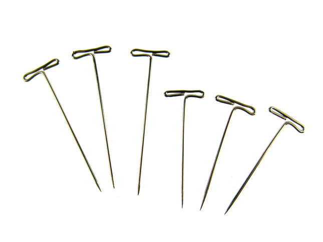 A set of nickel plated steel T pins with a T-shaped head, used for crafting and securing materials.
