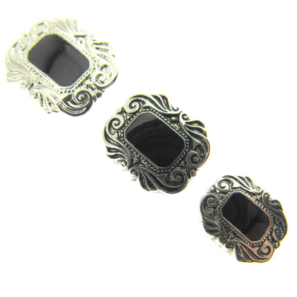 Elegant Art Deco Buttons with Shank in Antique Silver with Black Shiny Centre - ThreadandTrimmings