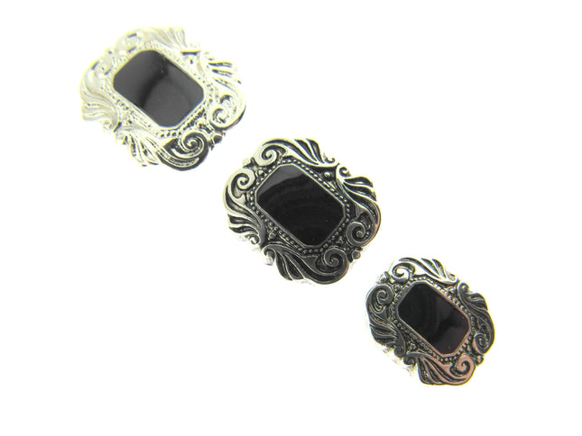 Elegant Art Deco Buttons with Shank in Antique Silver with Black Shiny Centre - ThreadandTrimmings