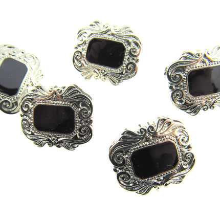 Elegant Art Deco Buttons with Shank in Antique Silver with Black Shiny Centre - ThreadandTrimmings