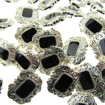 Elegant Art Deco Buttons with Shank in Antique Silver with Black Shiny Centre - ThreadandTrimmings
