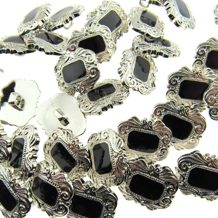Elegant Art Deco Buttons with Shank in Antique Silver with Black Shiny Centre - ThreadandTrimmings