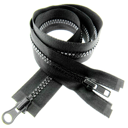 Two Way Open End Zips Chunky Plastic (No5 Weight) Opens Both Ends Black/Navy - ThreadandTrimmings