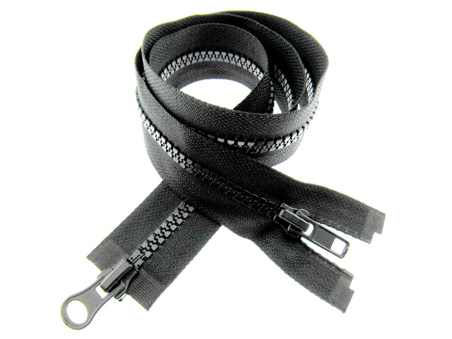 Two Way Open End Zips Chunky Plastic (No5 Weight) Opens Both Ends Black/Navy - ThreadandTrimmings