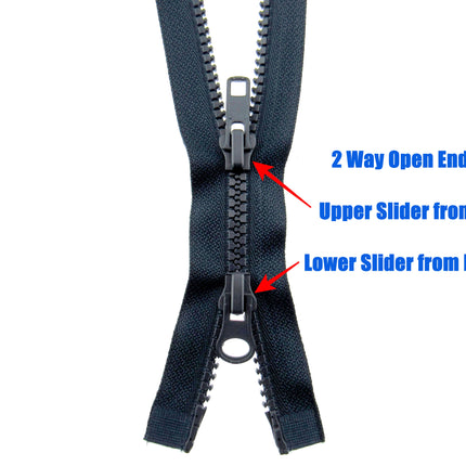 Two Way Open End Zips Chunky Plastic (No5 Weight) Opens Both Ends Black/Navy - ThreadandTrimmings
