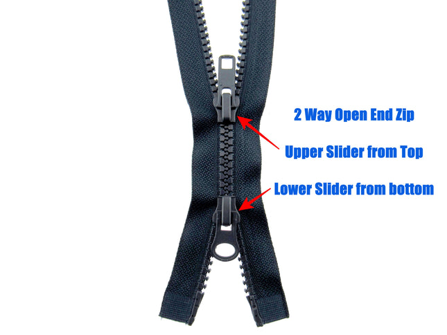 Two Way Open End Zips Chunky Plastic (No5 Weight) Opens Both Ends Black/Navy - ThreadandTrimmings