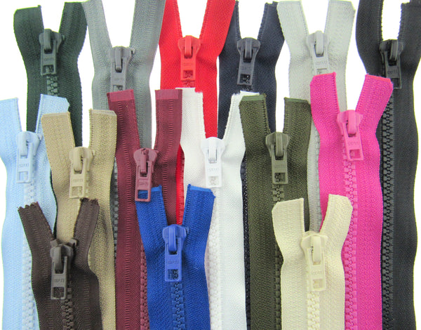 18" Plastic Open End Zips - Optilon - 5mm- 16 Colours - ThreadandTrimmings
