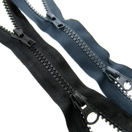 Two Way Open End Zips Chunky Plastic (No5 Weight) Opens Both Ends Black/Navy - ThreadandTrimmings