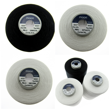 Four cones of 75's Moon brand polyester thread in different colors on a white background