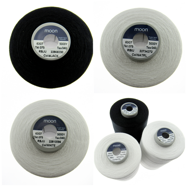 Four cones of 75's Moon brand polyester thread in different colors on a white background