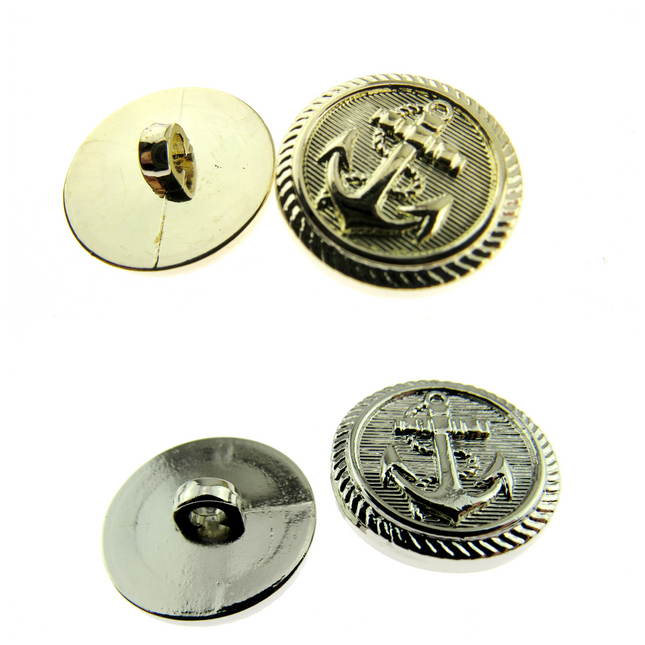 Round anchor buttons with flat profile and shank, available in gold and silver colors, displayed on a white background.
