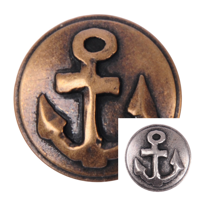 Two round metal buttons with a twist anchor shank design, one in bronze and the other in silver color, against a white background.