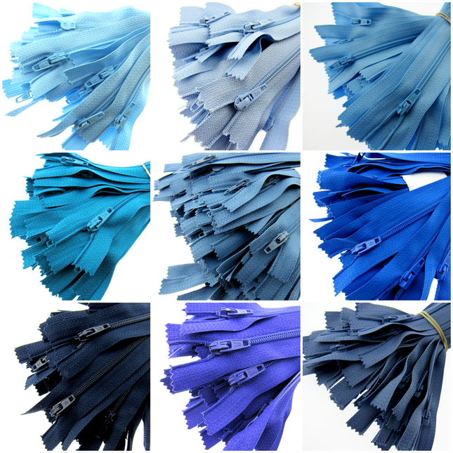 MOODY BLUES SAMPLE ZIP MIX - 10 ASSORTED BLUE COLOURS - CLOSED END NYLON ZIPS - ThreadandTrimmings
