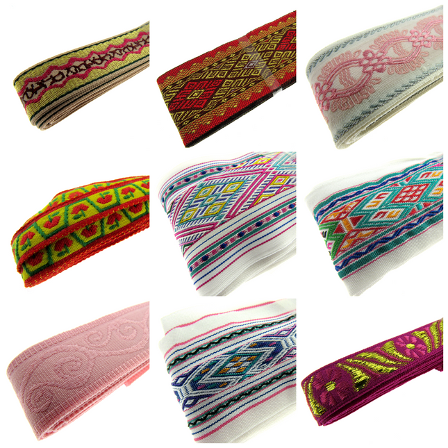 A collection of various colored braid trims and jacquard trimming shanks, arranged in different lots, showcasing different patterns and colors.