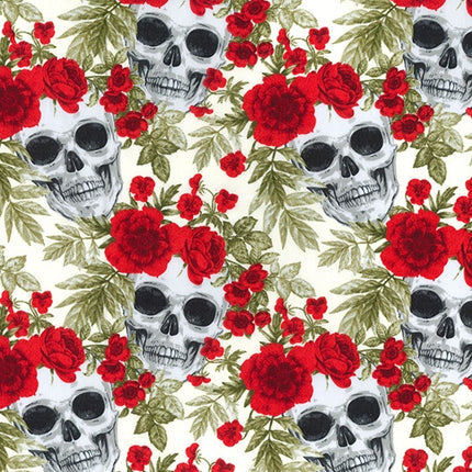 Cotton Fabric Skulls & Roses - Day Of The Dead - Red Roses Ivory Cotton Fabric - ThreadandTrimmings
