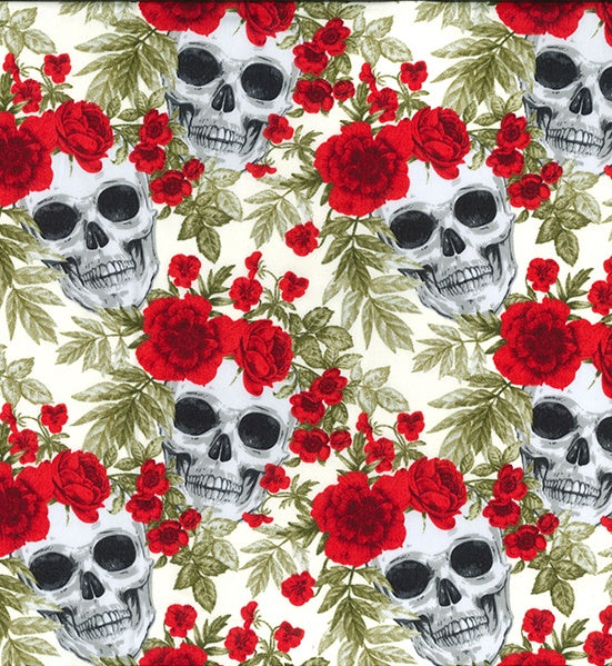 Cotton Fabric Skulls & Roses - Day Of The Dead - Red Roses Ivory Cotton Fabric - ThreadandTrimmings
