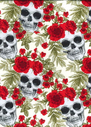 Cotton Fabric Skulls & Roses - Day Of The Dead - Red Roses Ivory Cotton Fabric - ThreadandTrimmings
