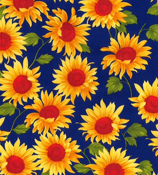 Cotton Sunflower Fabric With Royal Blue Background - Cotton Poplin - 100% Cotton