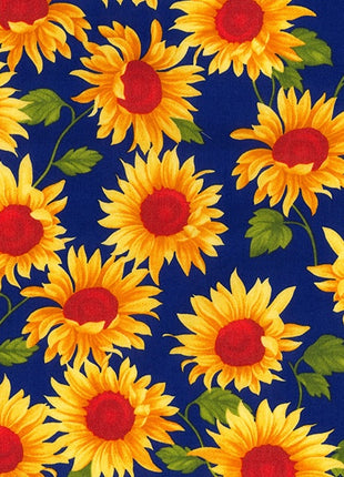 Cotton Sunflower Fabric With Royal Blue Background - Cotton Poplin - 100% Cotton