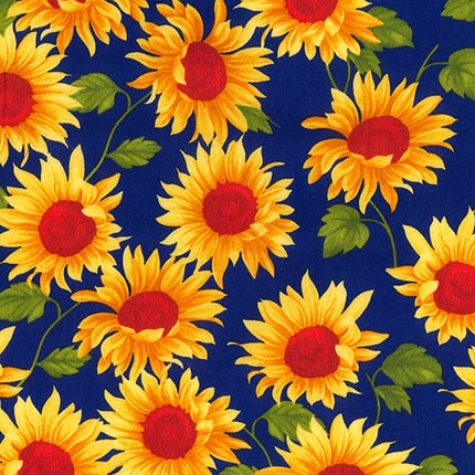 Cotton Sunflower Fabric With Royal Blue Background - Cotton Poplin - 100% Cotton