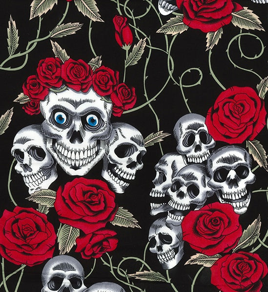 ** SKULLS & ROSES - DAY OF THE DEAD - RED ROSES - COTTON POPLIN - 100% COTTON