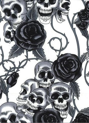 Cotton Fabric Skulls & Roses - Day Of The Dead - Black Roses Ivory Cotton Fabric - ThreadandTrimmings