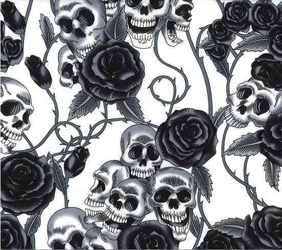 Cotton Fabric Skulls & Roses - Day Of The Dead - Black Roses Ivory Cotton Fabric - ThreadandTrimmings
