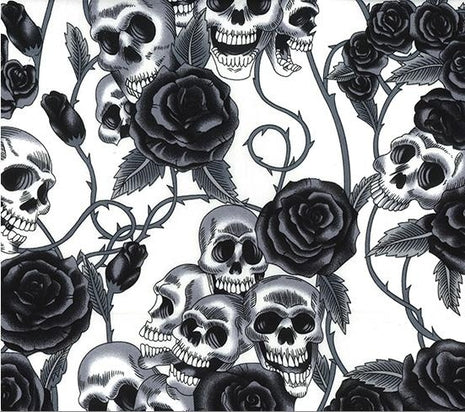 Cotton Fabric Skulls & Roses - Day Of The Dead - Black Roses Ivory Cotton Fabric - ThreadandTrimmings