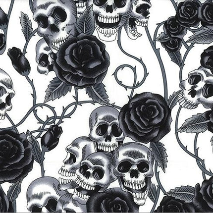 Cotton Fabric Skulls & Roses - Day Of The Dead - Black Roses Ivory Cotton Fabric - ThreadandTrimmings
