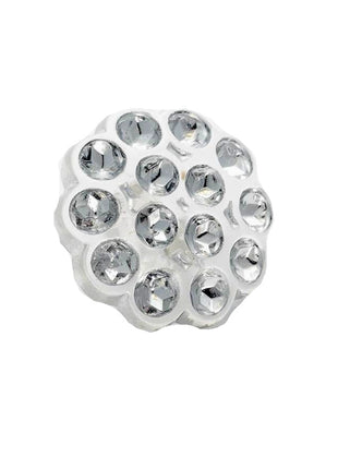A round imitation diamante flower shank button with multiple crystal embellishments.