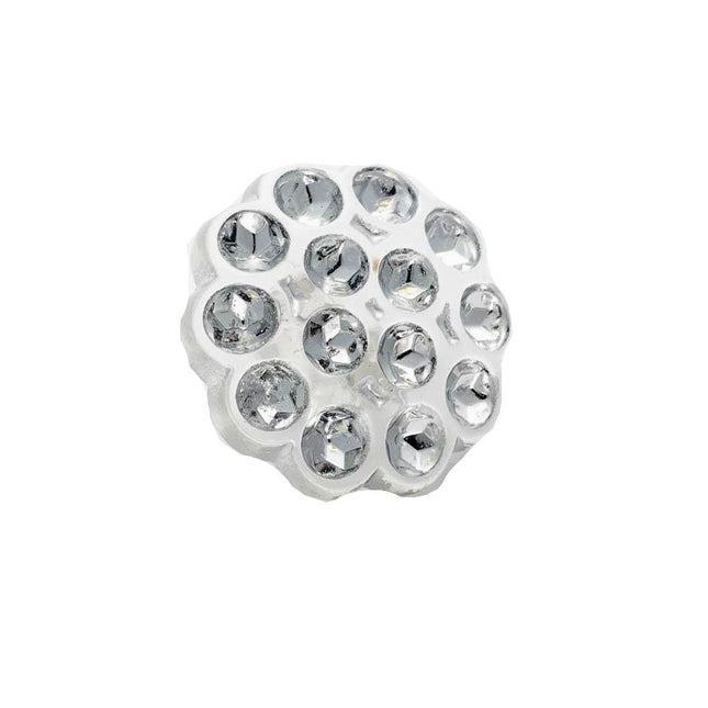 A round imitation diamante flower shank button with multiple crystal embellishments.