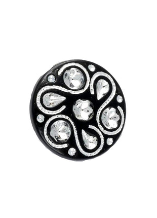A black diamante flower shank button with a geometric pattern and sparkling rhinestones.
