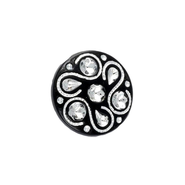 A black diamante flower shank button with a geometric pattern and sparkling rhinestones.