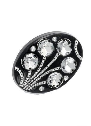 A black oval-shaped diamante flower shank button with multiple crystal embellishments.