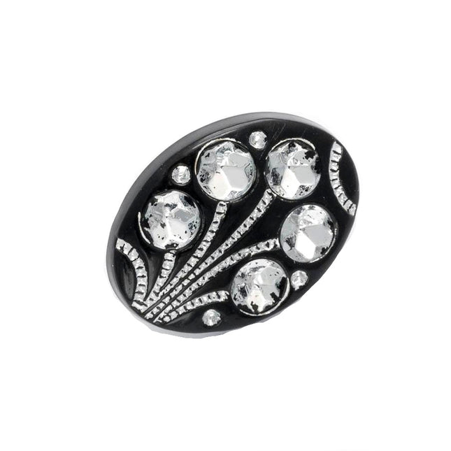 A black oval-shaped diamante flower shank button with multiple crystal embellishments.