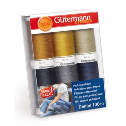 Packaging of Gutermann denim thread in various colors, with a label indicating a bonus pack of 100m denim thread.
