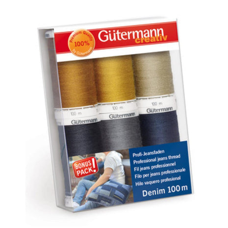 Packaging of Gutermann denim thread in various colors, with a label indicating a bonus pack of 100m denim thread.