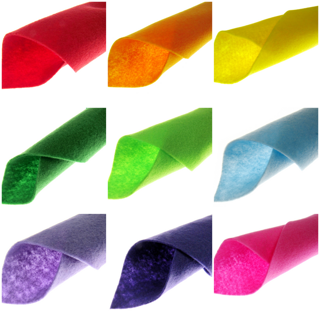 A selection of colourful polyester felt on a white background