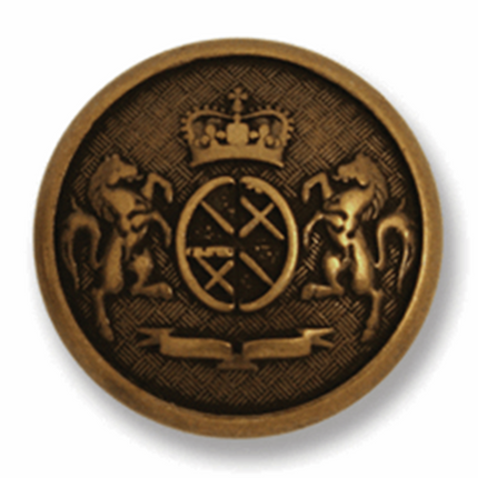 A round bronze metal button featuring a prancing pony horse design with a shank, surrounded by a royal crown emblem.
