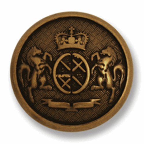 A round bronze metal button featuring a prancing pony horse design with a shank, surrounded by a royal crown emblem.