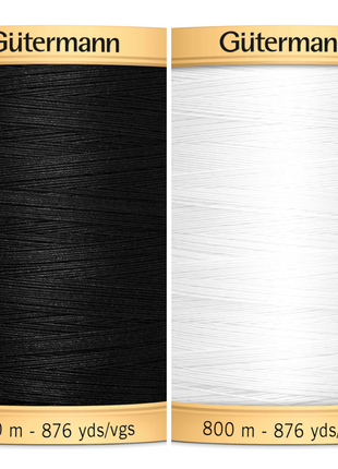 Two reels of Gutermann cotton thread, one in black and one in white, each with text indicating the brand and length of 800 meters.
